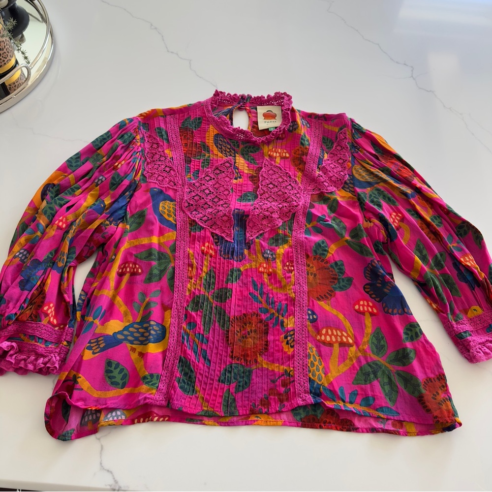 Farm rio Pink Patterned Women's Top with lace detail size m